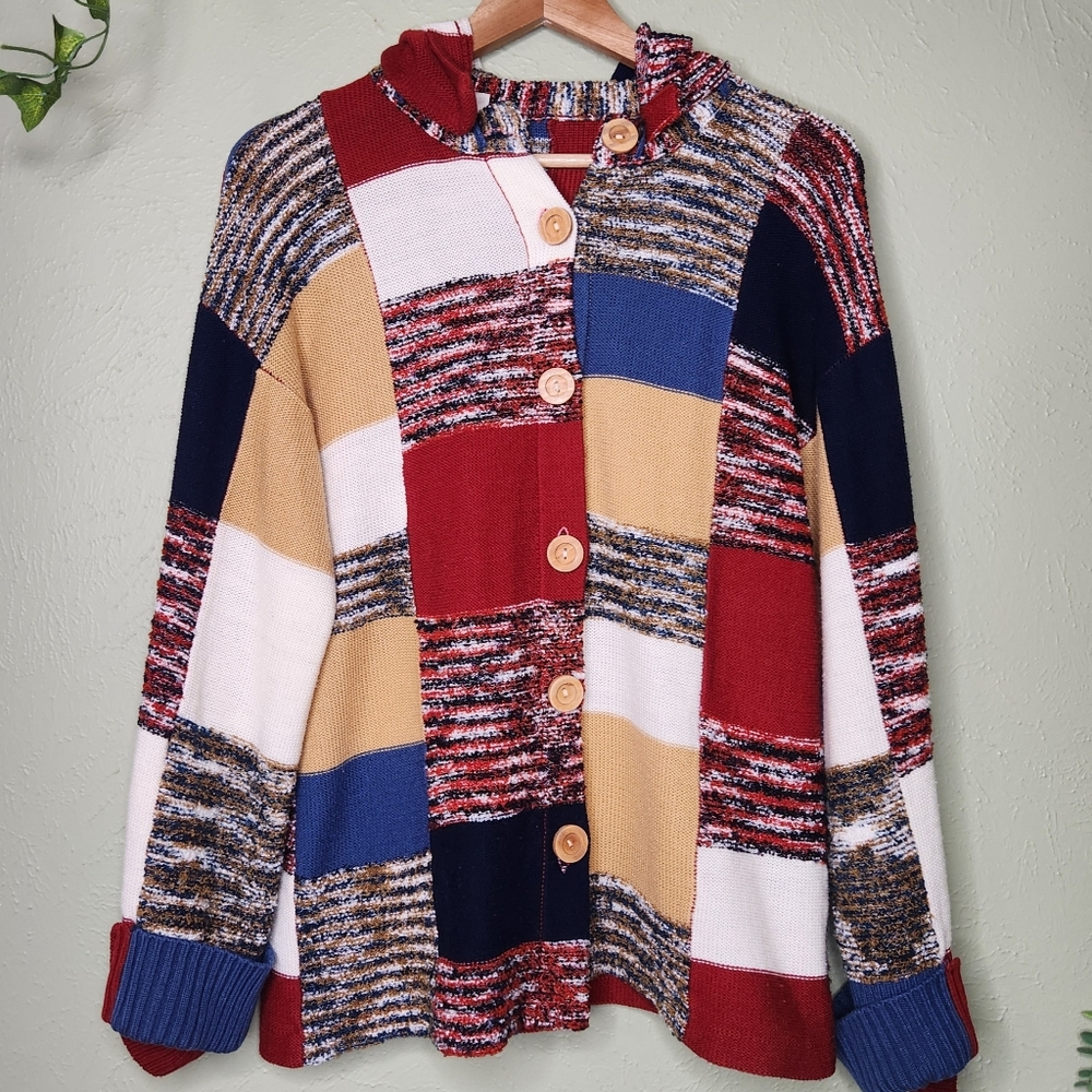 Vintage David Brett Colorblock Knit Sweater Jacket | Patchwork | Removable Hood